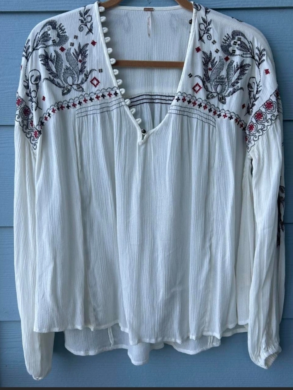 Free People White Peasant Tunic with Black and Red Embroidery Size XS/TP